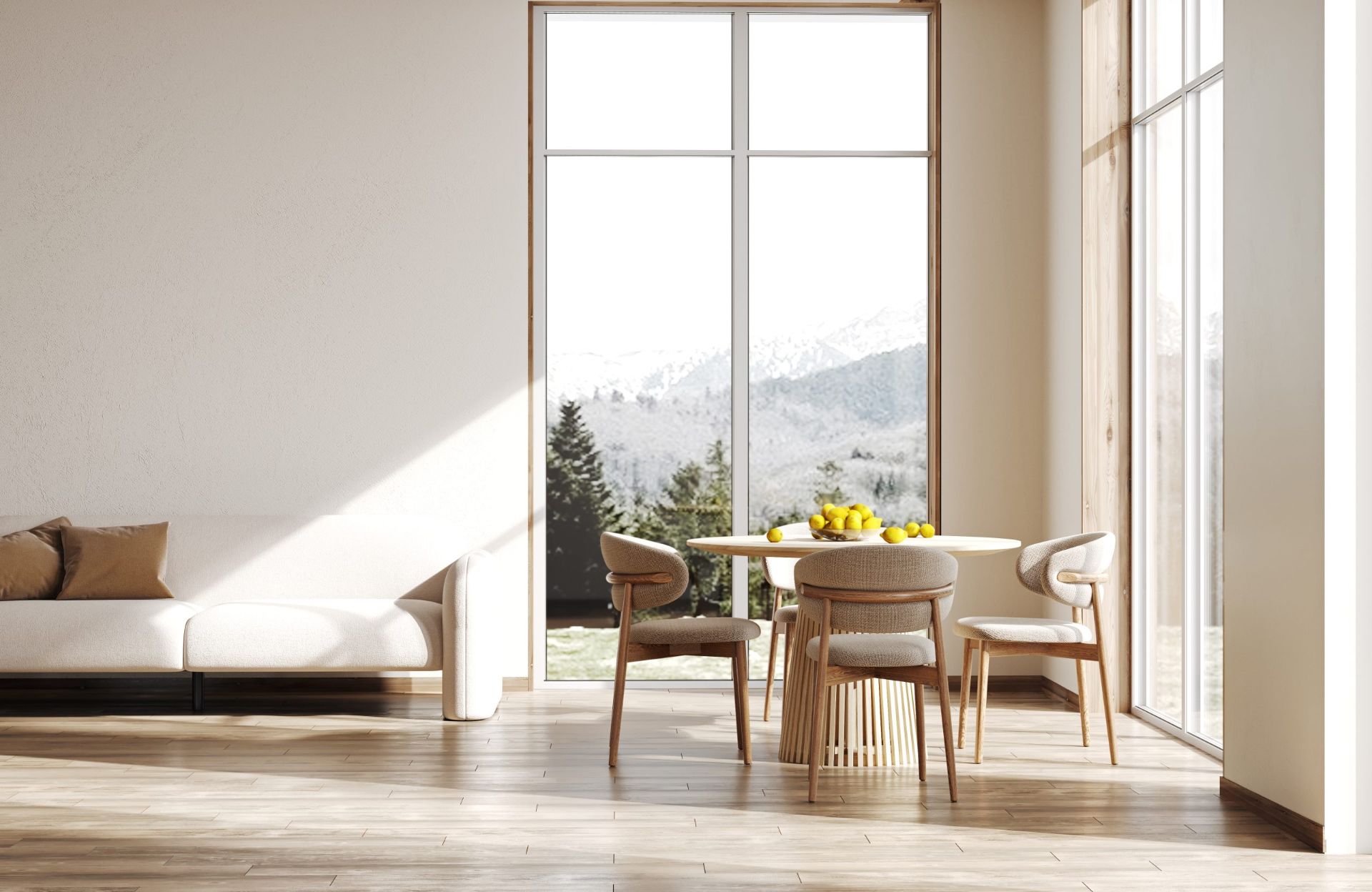Séjour lumineux après rénovation, canapé blanc et baie vitrée panoramique
